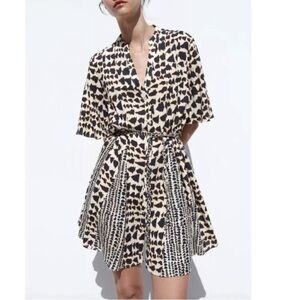 $89 NWOT Zara linen blend shirt mini dress animal print and a tie waist XXL